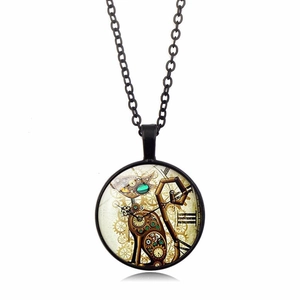 Detailed close-up of steampunk mechanical cat pendant with vintage gear clock patterns