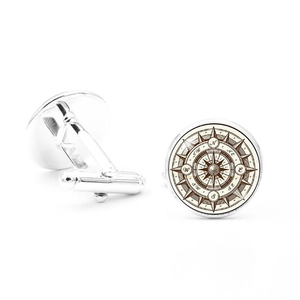 Vintage silver compass cufflinks set for men with a classic round nautical design