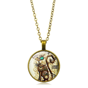 Steampunk bronze cat necklace with gear patterns and roman numerals on white background