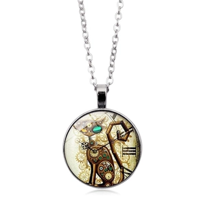 Close-up of steampunk cat pendant featuring mechanical gears and clock elements