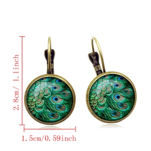 Peacock feather earrings in bronze frame with dimensions 2.8cm height and 1.5cm width