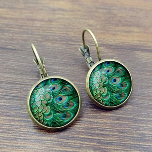 Vintage bronze peacock feather earrings with glass cabochon in a leverback French style hook