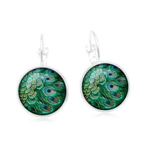 Vintage leverback earrings featuring peacock feather glass cabochons in a bronze frame
