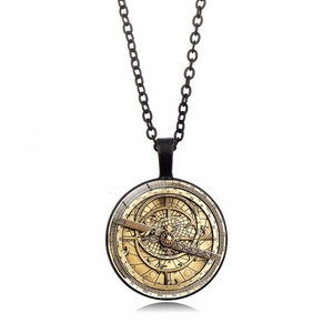 Vintage bronze compass pendant necklace with Roman numerals on a simple black metal chain