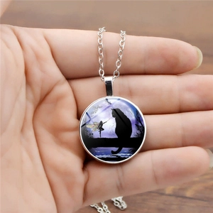 Vintage necklace with black cat and fairy time gem glass pendant on silver chain
