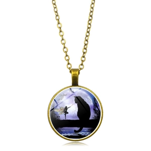 Detailed view of black cat and fairy glass cabochon pendant on vintage bronze chain
