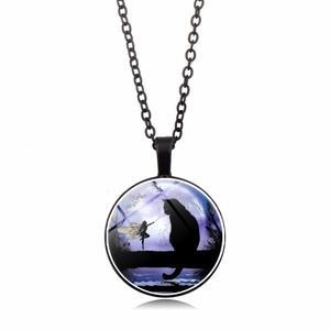 Vintage black cat and fairy silhouette glass pendant necklace with black metal chain