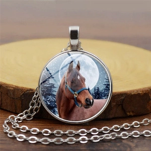 Détail macro du collier steampunk argenté avec pendentif cheval en verre et décor de forêt lune