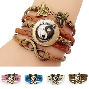 Bracelet Vintage en Cuir Synthétique Tressé Multicouche Tête de Loup Yin Yang Papillon en Bronze Symbole de l'Infini Bijoux Homme Femme