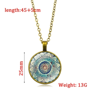 Detailed view of bronze mandala pendant necklace with size dimensions and chain length