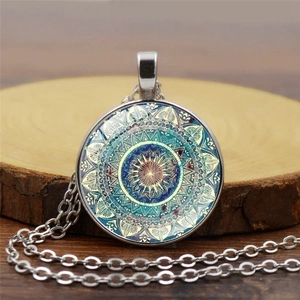 Mandala yoga time gem pendant necklace with round glass cabochon on silver chain