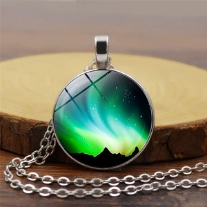 Aurora Borealis Pendant Necklace Alloy Glass Cabochon Galaxy Night Sky Starry Forest Jewelry For Women Daily Accessory