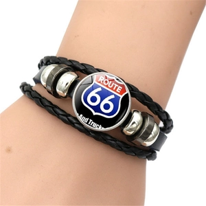 Bracelet multicouche en cuir tressé Route 66 avec dôme en verre pour hommes
