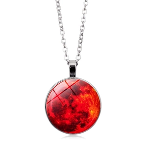 Detail of silver chain necklace with red aurora glass gem pendant on white background