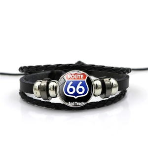 Bracelet Multicouche en Cuir Artificiel Tissé Rétro Route 66 Homme Alliage Verre Cabochon Bijoux Punk Biker
