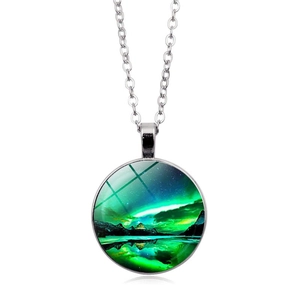 Northern lights themed glass pendant necklace with green aurora landscape and silver chain