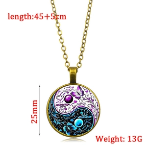 Vintage Yin Yang Butterfly Pendant Necklace with Glass Cabochon and Bronze Chain for Women