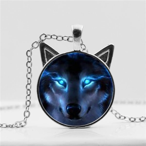 Silver wolf totem necklace with glowing blue eyes pendant and ear-shaped frame design