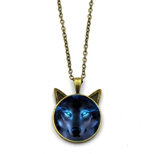 Gothic wolf head pendant necklace with blue eyes and bronze wolf ear charm chain