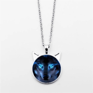 Wolf head pendant necklace with icy blue eyes and silver metal chain jewelry