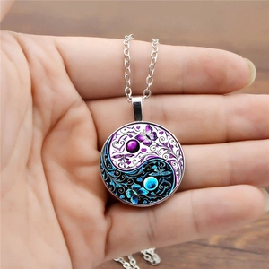 Yin Yang Tai Chi Butterfly Pendant Necklace with Glass Cabochon and Silver Chain