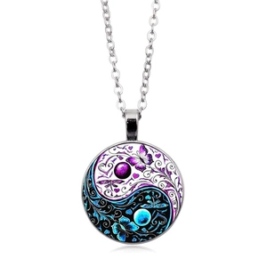 Retro Yin Yang butterfly glass pendant necklace with silver alloy chain for women