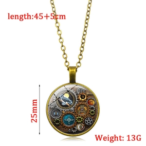 Collier steampunk avec motif corbeau et engrenage, dôme en verre bronze de 25 mm