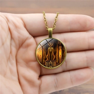 Antique bronze Egyptian Bastet cat goddess time gem necklace with vintage pendant chain