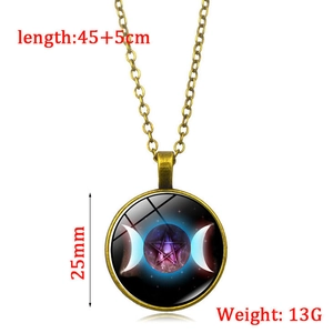 Triple Moon Goddess glass gem pendant necklace with purple starry sky design and bronze finish