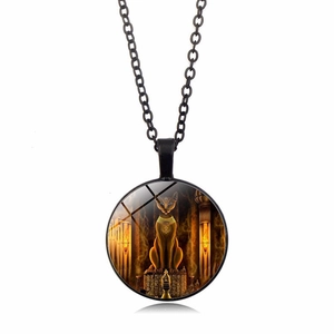 Detailed close-up of Bastet Egyptian Cat God time gem pendant necklace with black alloy chain