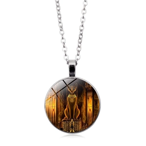 Detailed glass cabochon pendant necklace featuring Egyptian Cat Bastet artwork in silver