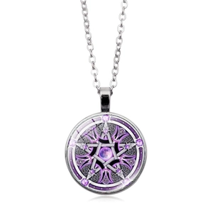 Detail of Triple Moon Goddess necklace with purple nebula pendant and silver chain