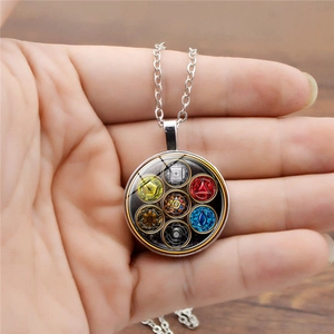 Retro Yoga Seven Chakra time gem necklace with silver metal frame and glass pendant