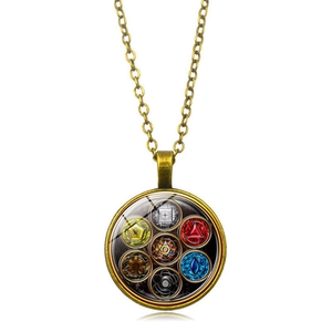 Detail of Yoga Seven Chakra glass pendant with mystical symbols on a bronze chain