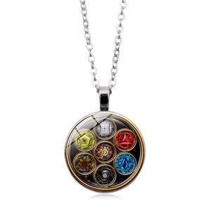 Close-up of Yoga Seven Chakra glass dome pendant with mystical colorful symbols