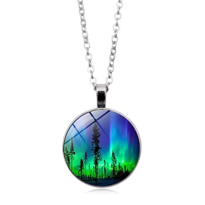 Vintage Alloy Northern Lights Forest Pattern Glass Cabochon Pendant Necklace For Women Aurora Galaxy Jewelry Retro Sweater Chain Gift