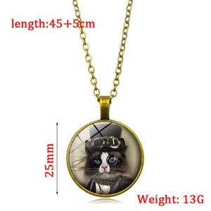 Vintage steampunk gentleman cat necklace with 25mm glass cabochon pendant on bronze chain