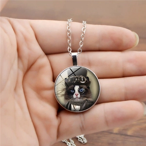 Steampunk gentleman cat necklace with vintage glass gem pendant and silver alloy chain