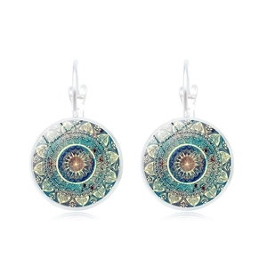 Silver mandala glass dome leverback earrings with intricate geometric floral patterns