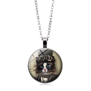 Macro shot of steampunk cat pendant with top hat and goggles on a silver chain