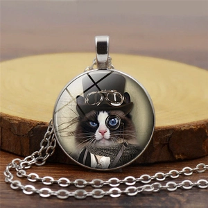 Steampunk Cat Pendant Necklace Vintage Alloy Glass Cabochon Gothic Jewelry Hat Goggles Accessory For Men Women Retro Style