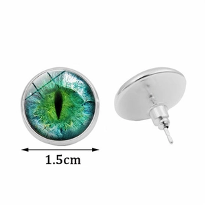 Boucles d'oreilles argentées avec gemme en verre œil de chat vert de 1,5 cm et cadre