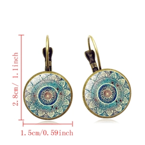 Detailed size view of silver Mandala flower glass earrings measuring 2.8cm by 1.5cm