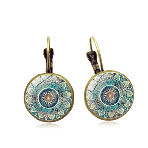 Silver lever-back mandala glass gem drop earrings with blue-green geometric floral patterns