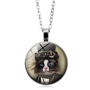 Steampunk gentleman cat necklace with vintage glass gem pendant and silver chain