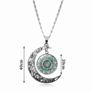 Silver-colored moon necklace with mandala glass stone pendant and bohemia style design
