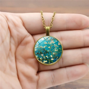 Κολιέ με γυάλινο μενταγιόν Van Gogh Almond Blossom και χάλκινη αλυσίδα σε στυλ vintage