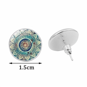 Mandala patterns glass dome stud earrings 1.5cm diameter with silver metal base