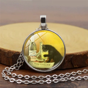 Retro silver owl time gem necklace featuring vintage French black cat art on wood base