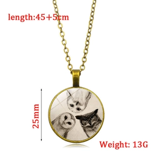 Vintage bronze owl pendant necklace with three owl glass cabochon patterns